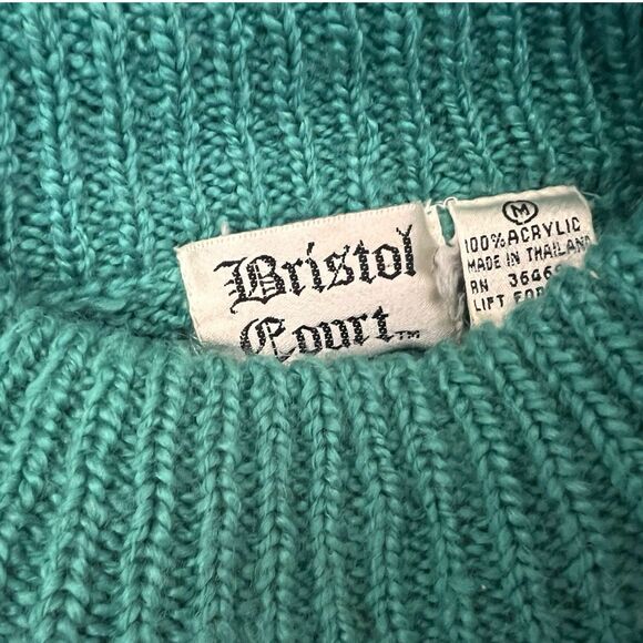 Vtg 80s Bristol Court Green Mock Neck Cableknit Grandma Sweater Sz M Chunky Knit - Picture 8 of 9